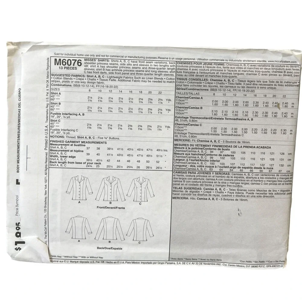 McCall's M6076 Palmer/Pletsch Shirt Blouse Size 8 10 12 14 Classic Fit